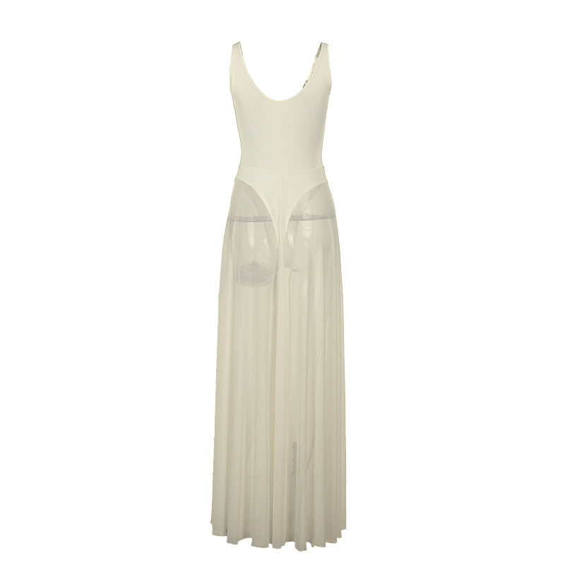 Damen Stilvolles Maxikleid mit transparentem Rock und elegantem V-Ausschnitt EB