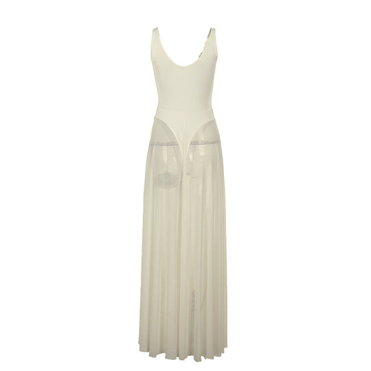 Damen Stilvolles Maxikleid mit transparentem Rock und elegantem V-Ausschnitt EB