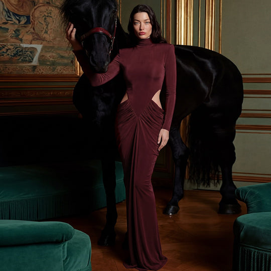 Damen elegantes langärmliges Kleid mit raffiniertem Drapierungseffekt EB