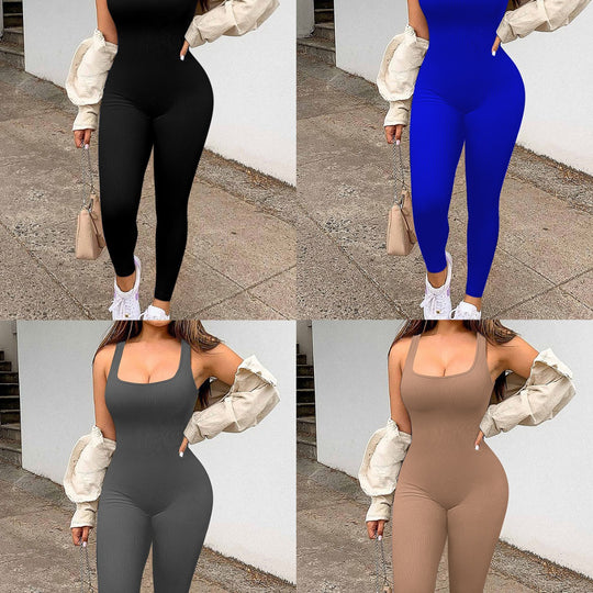 Damen Rippstrick Jumpsuit mit breiten Trägern und figurbetonter Passform EB