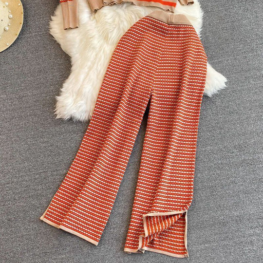 Damen Stylisches Strick-Loungewear-Set mit Tiefem V-Ausschnitt und Weit Geschnittenen Hosen EB