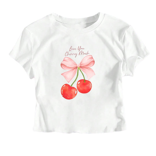 Damen Crop-Top mit fröhlichem Kirschmotiv und Schleifendruck EB
