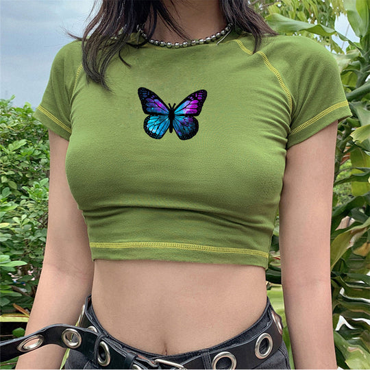 Damen stylisches Bio-Crop-Top mit Schmetterlingsdruck EB