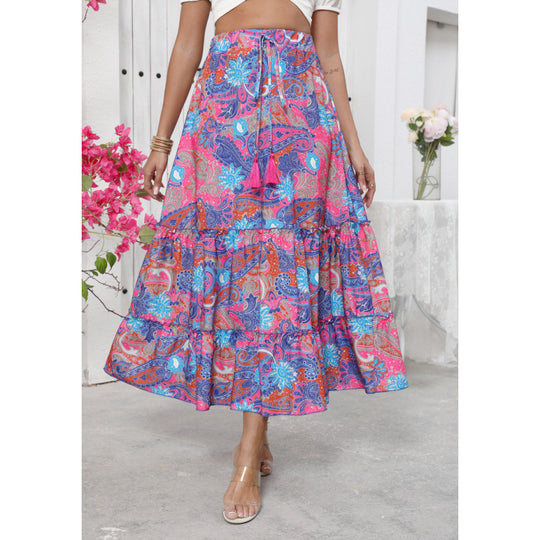 Damen Midi-Rock im verspielten Boho-Stil mit buntem Paisleymuster und voluminösem Saum EB