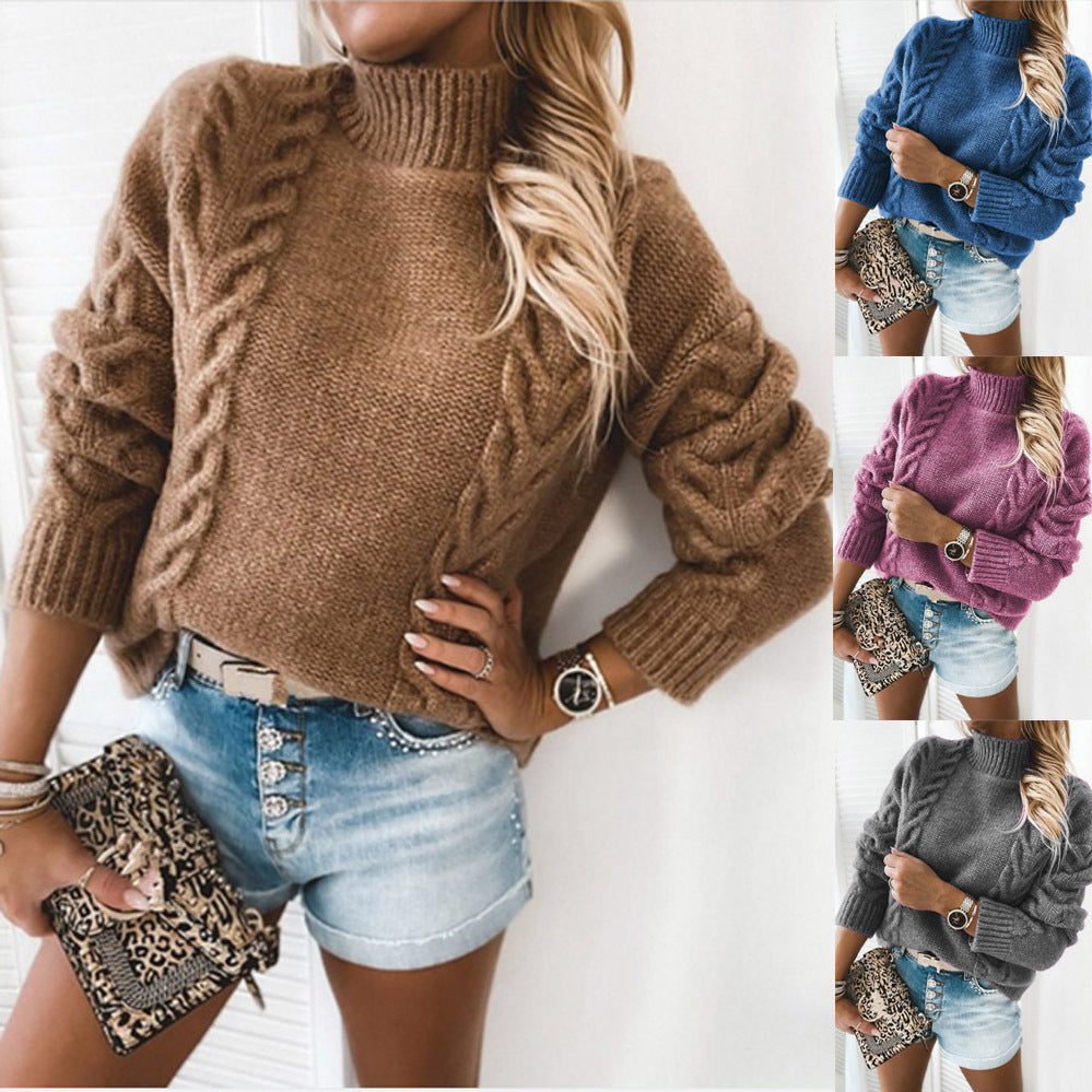 Damen Grobstrickpullover mit hochgeschlossenem Kragen und Kabelstrick-Design EB