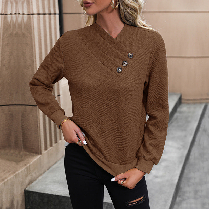 Damen eleganter Pullover mit asymmetrischem Ausschnitt und Knopfdetails EB