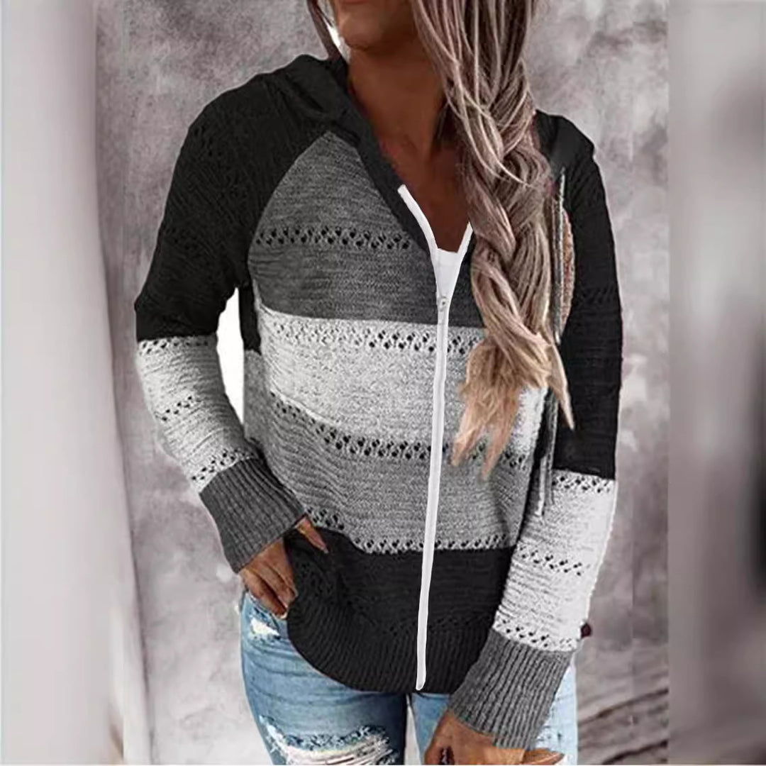 Damen Lässige Strickjacke mit Reißverschluss und Kapuze EB