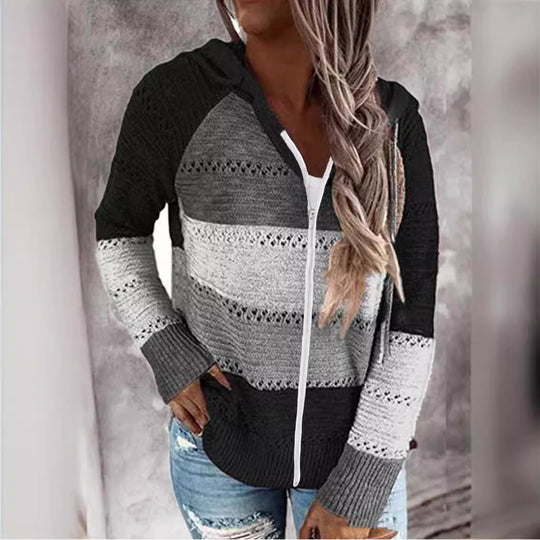 Damen Lässige Strickjacke mit Reißverschluss und Kapuze EB