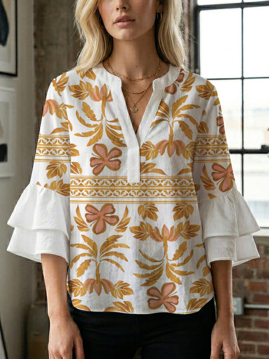 Damen lässige Bluse mit Volantärmeln und botanischem Druck EB