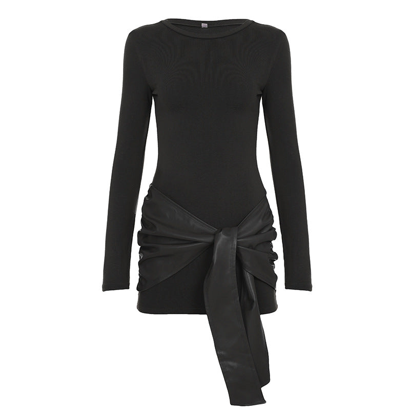 Damen nan tailliertes Longsleeve-Minikleid mit Kunstleder-Wickelbund und Drapé-Detail EB