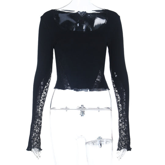 Damen Figurbetontes Cropped-Longsleeve mit transparenten Spitzeneinsätzen EB