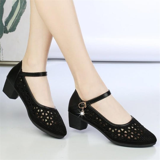 Damen Elegante Ballerinas mit stilvoller Spitzeneinlage und bequemem Blockabsatz EB