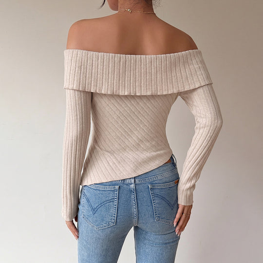 Damen Schulterfreies asymmetrisches Rippstrick-Top mit Knotenpasse EB