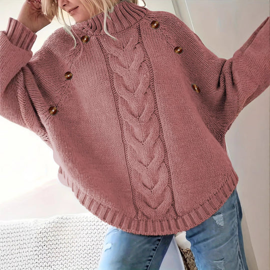 Damen Lockere Strickpullover mit hohem Kragen und dekorativen Knöpfen EB
