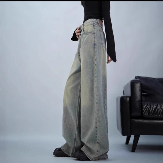 Damen trendige Baggy-Jeans mit hohem Bund und weiten Beinen EB