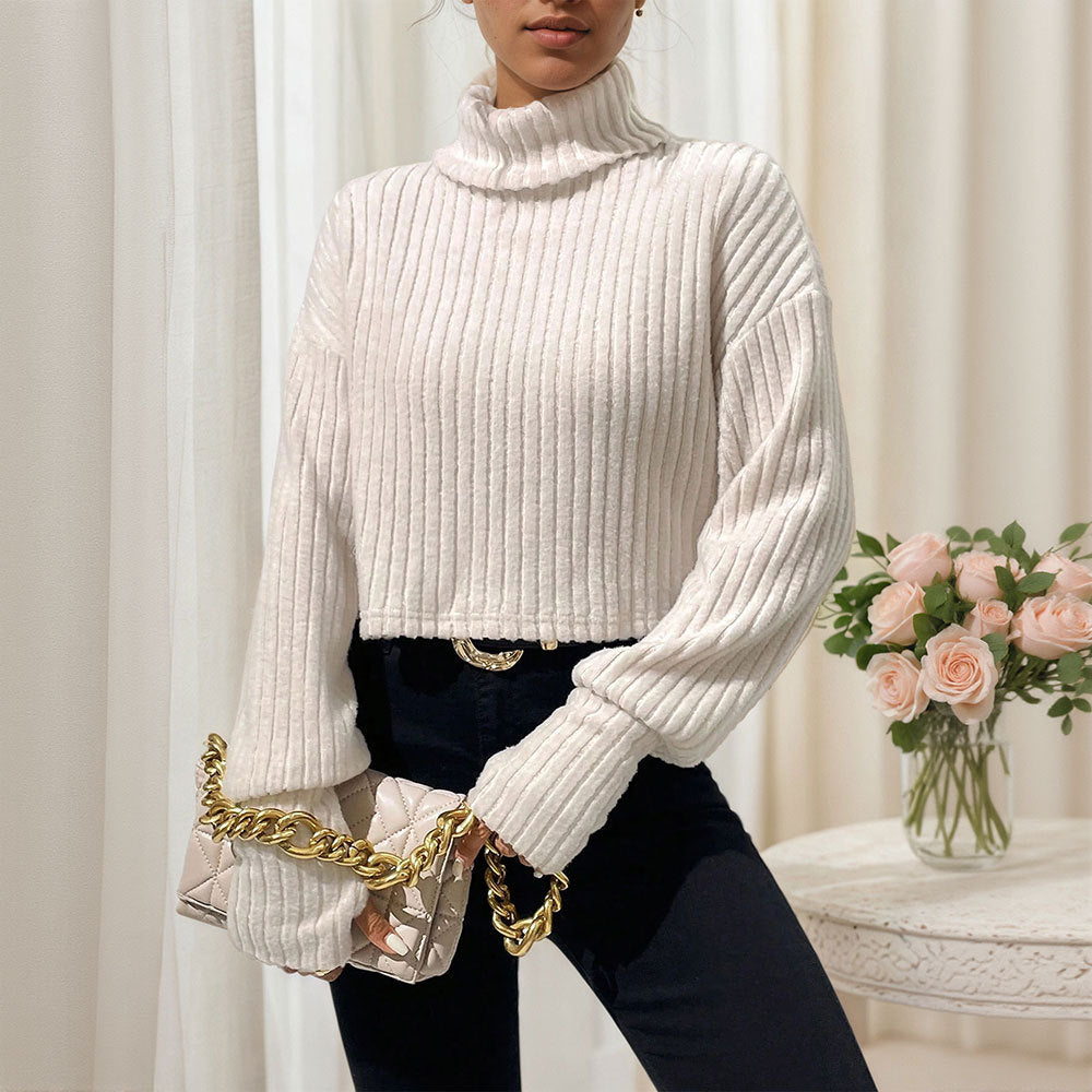 Damen geripptes Cropped‑Rollkragenpullover mit überschnittenen Schultern und voluminösen Ärmeln Eichborn Berlin