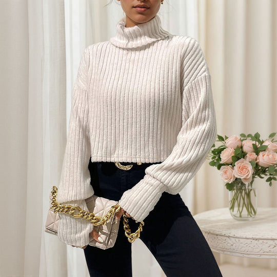 Damen geripptes Cropped‑Rollkragenpullover mit überschnittenen Schultern und voluminösen Ärmeln Eichborn Berlin