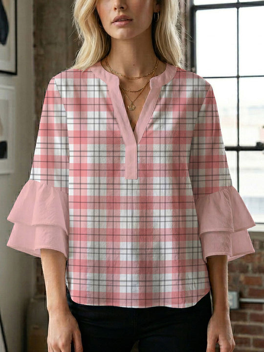 Damen Bluse mit voluminösen Flügelärmel und intensivem Blattmuster EB