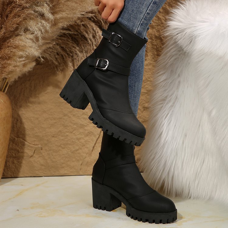 Damen nan klobige Biker-Ankleboots mit Profilsohle, dekorativen Doppelschnallen und seitlichem Reißverschluss EB
