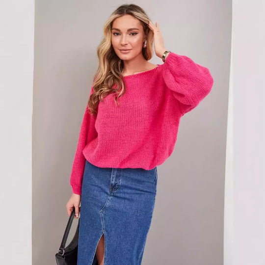 Damen lässiger Oversize-Pullover mit ballonförmigen Ärmeln und strukturiertem Maschenmuster EB