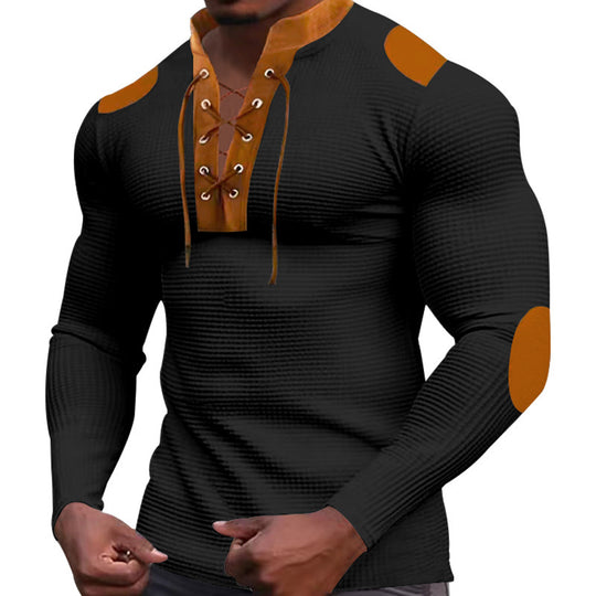 Herren Langarm-Henley-Shirt mit strukturiertem Gewebe und modischem Schnürdesign EB