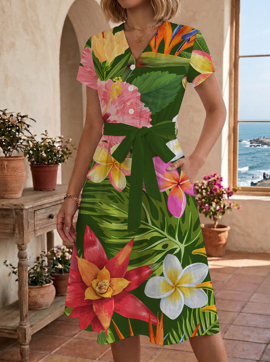 Damen Midikleid mit floralem Motiv und Taillengürtel EB