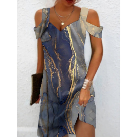 Damen Off-Shoulder Sommerkleid mit schwingendem Saum und aufregendem Spiraldesign EB