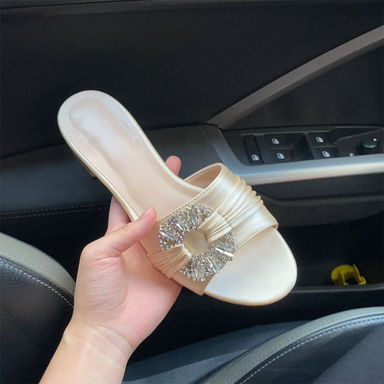 Damen elegante Riemchen Mules mit funkelnder Schmuckapplikation EB