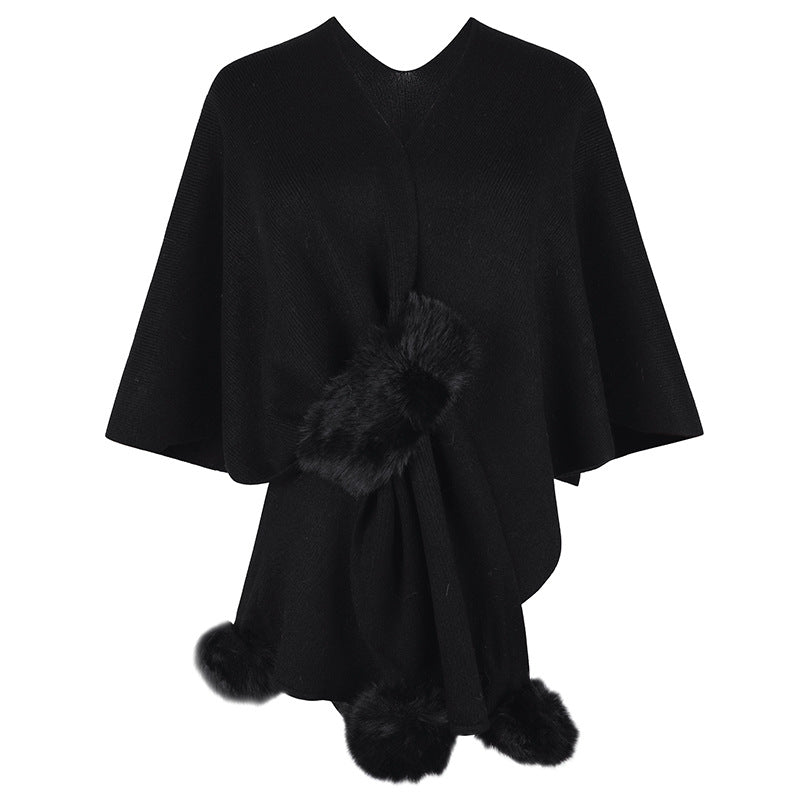 Damen eleganter Poncho mit luxuriösem Kunstfellbesatz EB