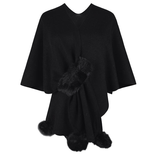 Damen eleganter Poncho mit luxuriösem Kunstfellbesatz EB