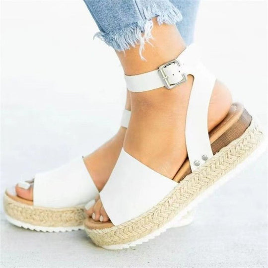 Damen Wedge-Sandaletten mit verstellbarem Riemen und luxuriösem Bastdesign EB