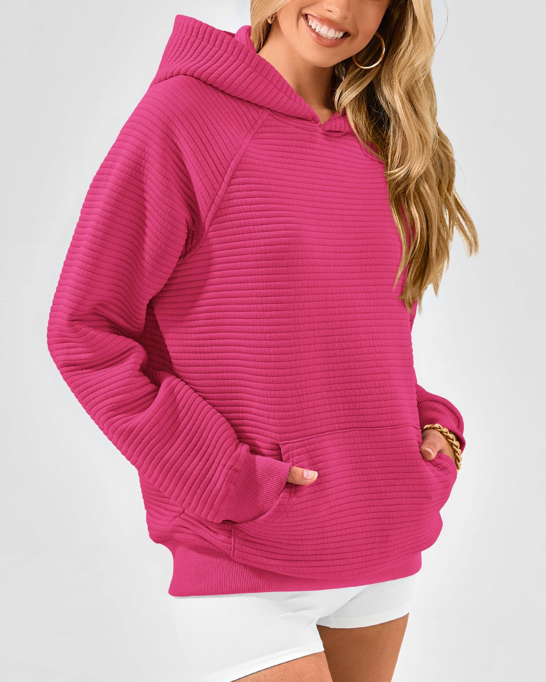 Damen Kuscheliger Waffelpullover mit Kapuze und Kängurutasche EB