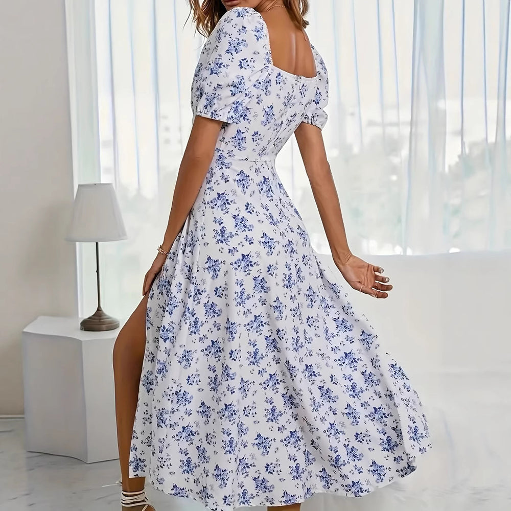 Damen Sommerliches Maxikleid mit Blumenmuster und schulterfreien Ärmeln EB