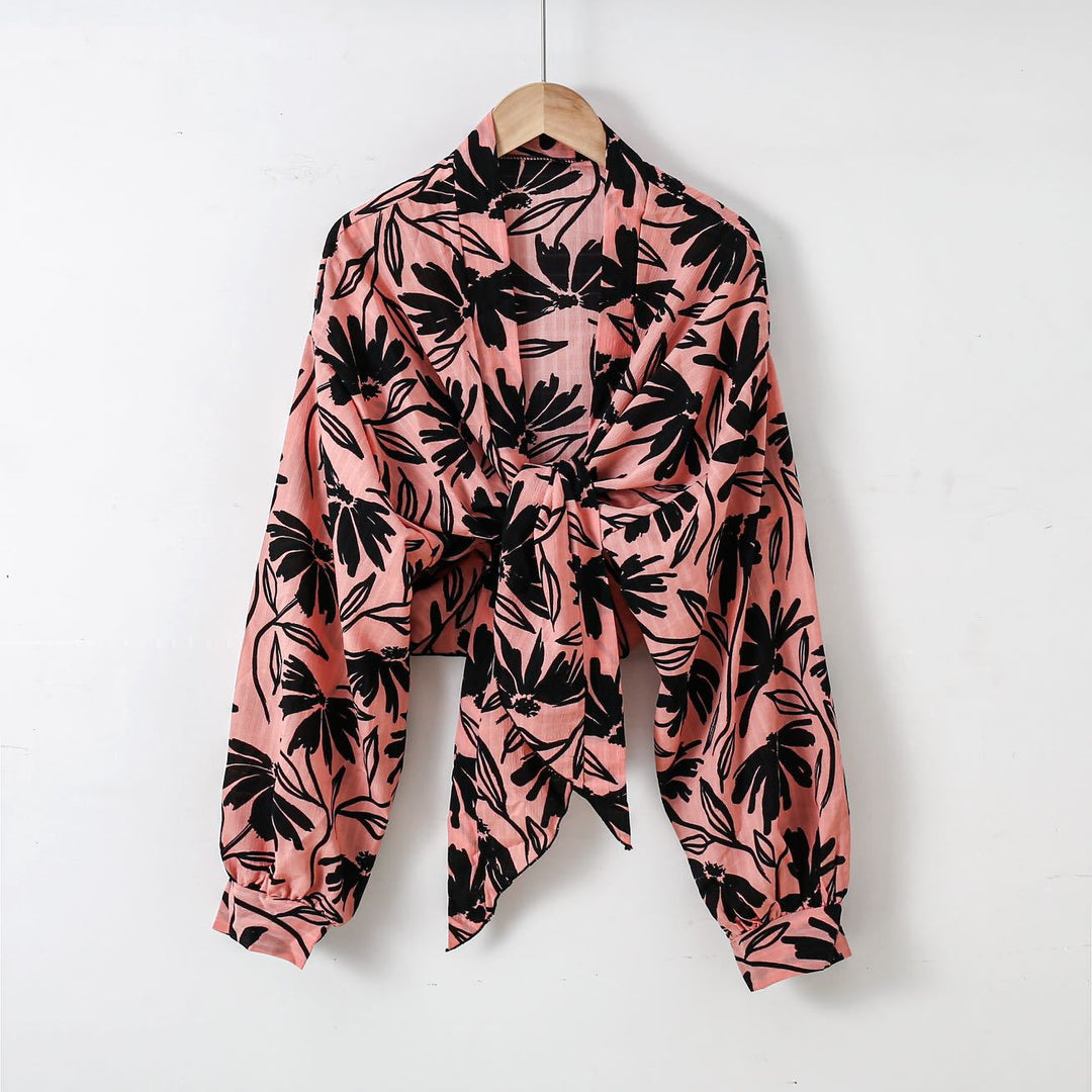 Damen nan florale Knoten-Bluse im Wickelstil mit Ballonärmeln und leichter Leinenoptik EB