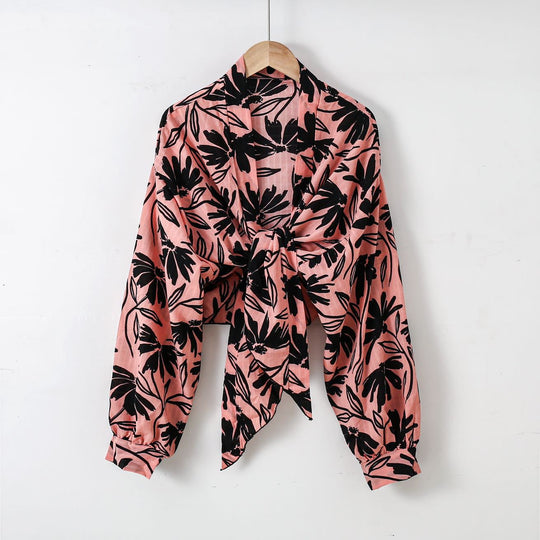 Damen nan florale Knoten-Bluse im Wickelstil mit Ballonärmeln und leichter Leinenoptik EB