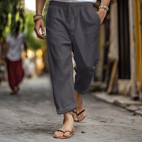 Herren nan lässige Leinen-Joggerhose mit elastischem Tunnelzugbund, seitlichen Eingrifftaschen und aufrollbarem Saum EB