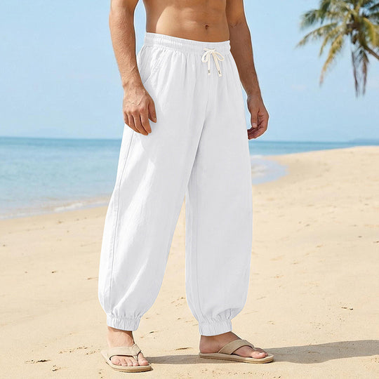 Herren Weite Leinenoptik-Strandhose mit Kordelzug, elastischem Bund und gerafften Beinabschlüssen EB