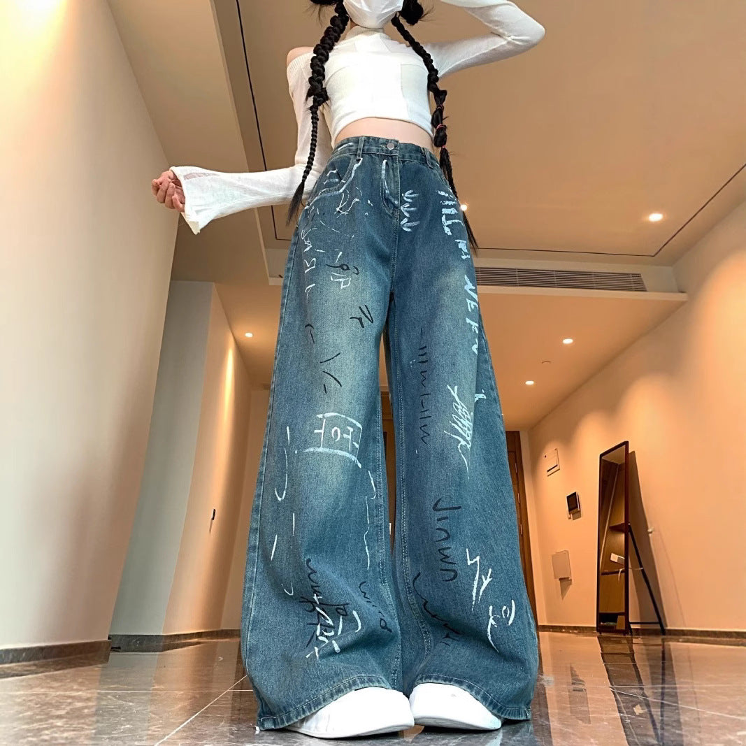 Damen Weite Jeanshose mit kreativem Graffiti-Design EB