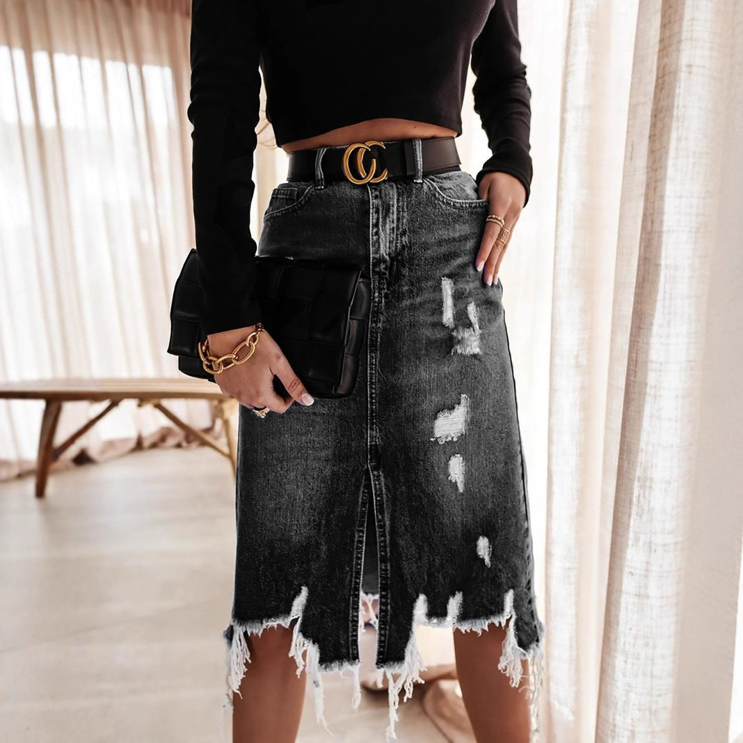 Damen Midirock mit asymmetrischem Saum und Destroyed-Effekten EB