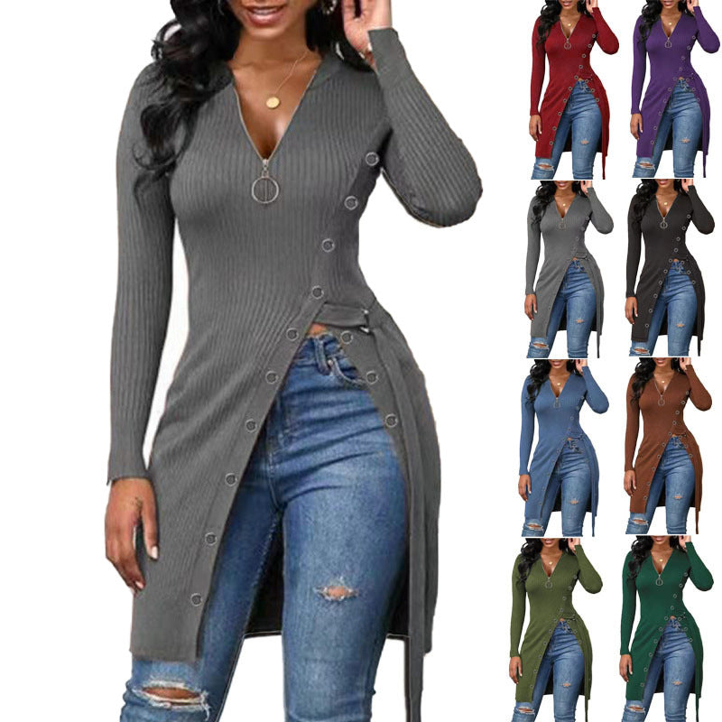 Damen Strickmantel mit asymmetrischem Schnitt und dekorativen Knopfdetails EB