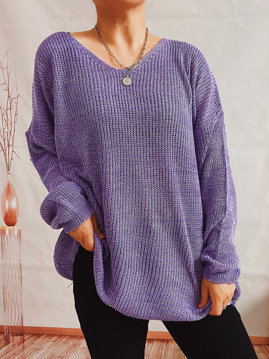 Damen lässiger V-Ausschnitt Pullover mit strukturiertem Strickmuster EB