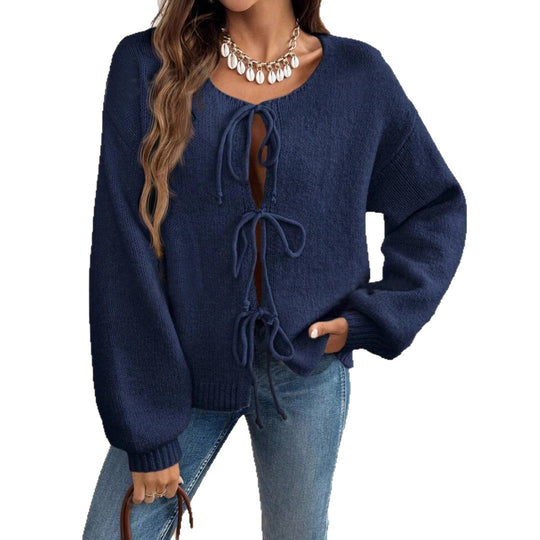 Damen gemütlicher Strickpullover mit dekorativem Schnür-Detail und weit geschnittenen Ärmeln EB