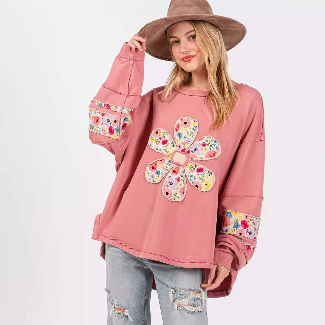Damen lässiger Oversize-Pullover mit floralem Applikationsdesign EB