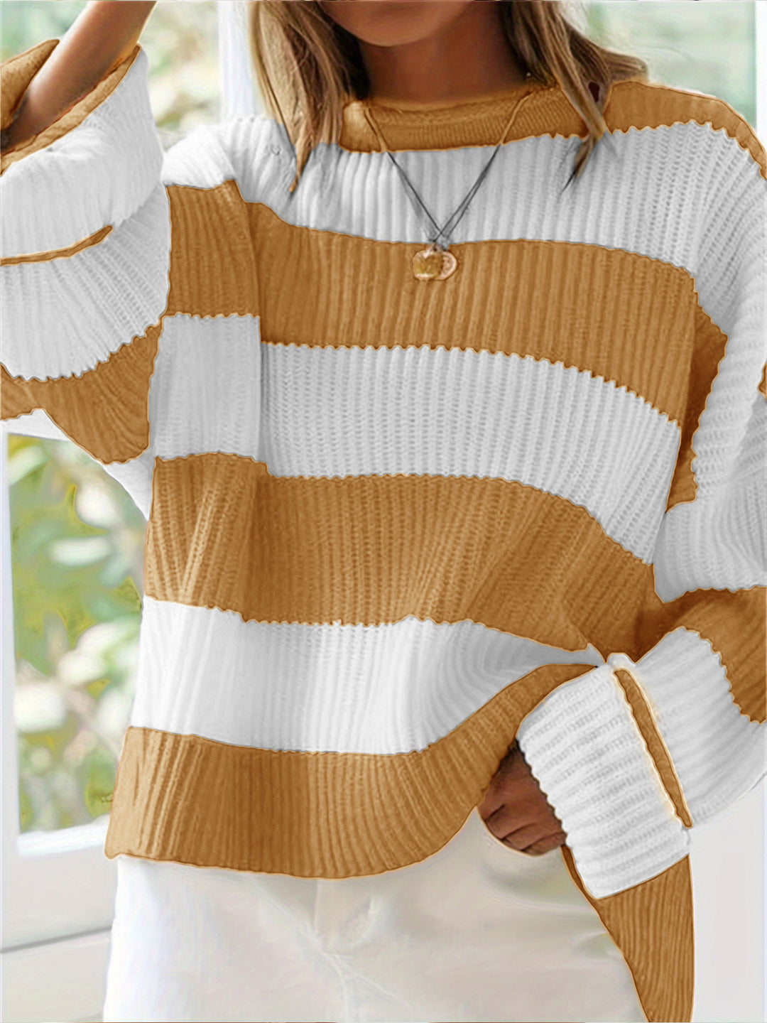 Damen lässiger Strickpullover mit breiten Streifen und lockerer Passform EB