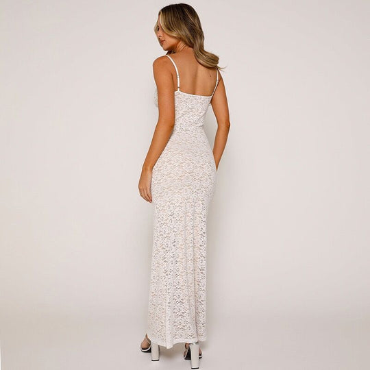 Damen Spitzen-Maxi-Kleid mit verführerischer Silhouette und Spaghettiträgern EB