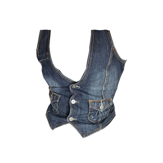 Damen Denim-Bustierjacke mit nostalgischem Spitzeneinsatz und dekorativen Knopfdetails EB