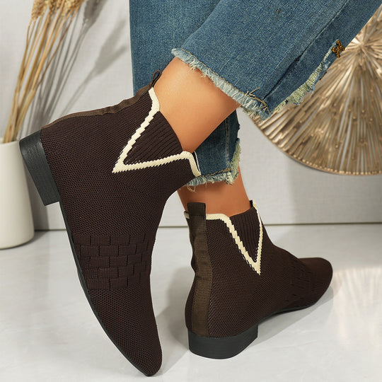 Damen nan gestrickte Sock-Stiefelette mit elastischem V-Einsatz, Zugschlaufe und flachem Blockabsatz EB