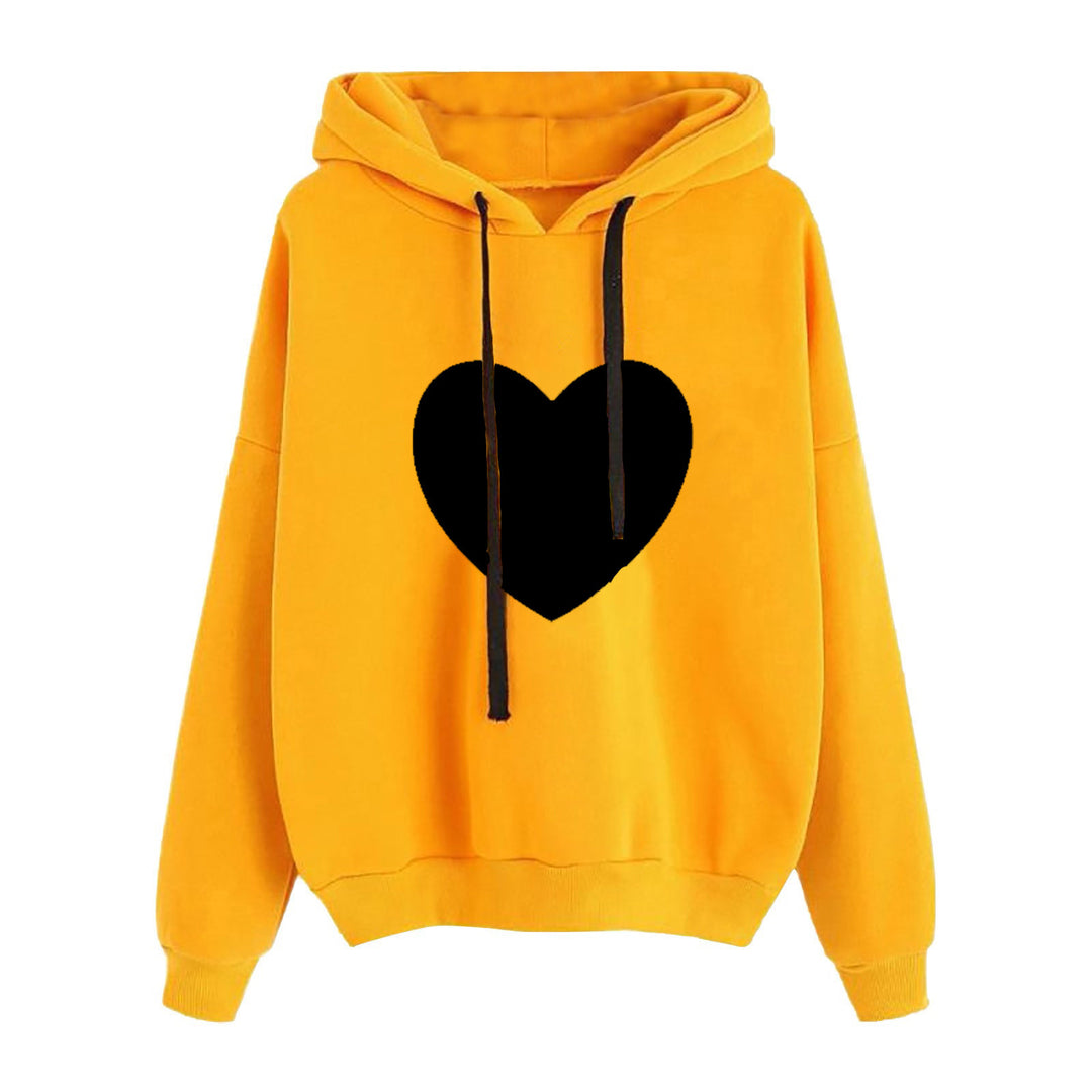 Damen nan leichter Oversize Kapuzenpullover mit Herz‑EKG‑Motiv, langen Kordeln und elastischem Bund EB