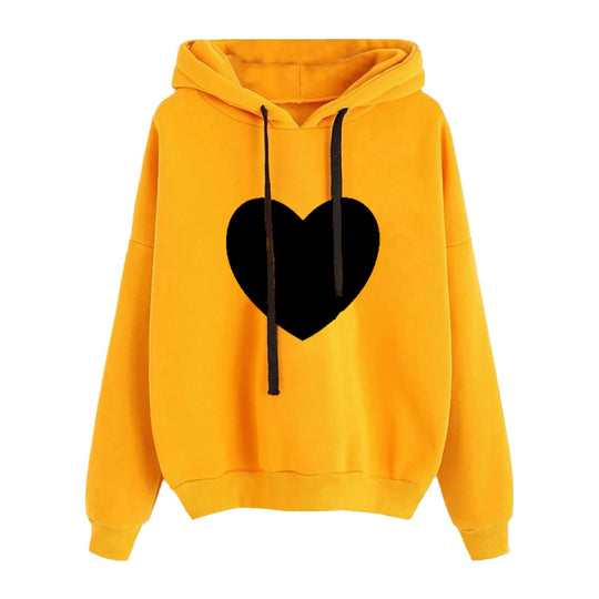 Damen nan leichter Oversize Kapuzenpullover mit Herz‑EKG‑Motiv, langen Kordeln und elastischem Bund EB