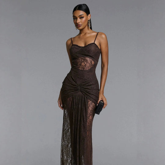 Damen Elegantes Spitzenmaxikleid mit raffinierter Drapierung EB